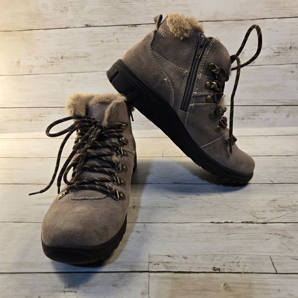 Earth Shoes Terrain Hiker Taupe Faux Fur Lined Lace Up Side Zip Boots Womens 7 M